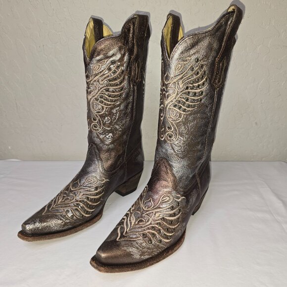 Corral Vintage Series Bronze Metallic Silver Grommet Leather Cowgirl Boots 8.5 - Picture 5 of 12